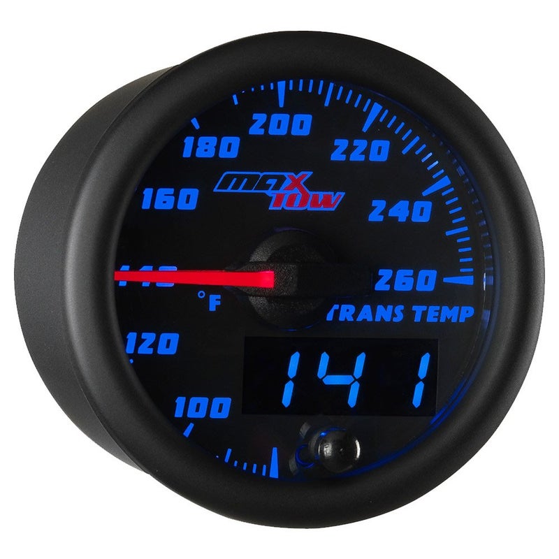 MaxTow Double Vision 260 F Transmission Temperature Gauge Kit - Includes Electronic Sensor - Black Gauge Face - Blue LED Illuminated Dial - Analog & Digital Readouts - for Trucks - 2-1/16" 52mm - Image 1
